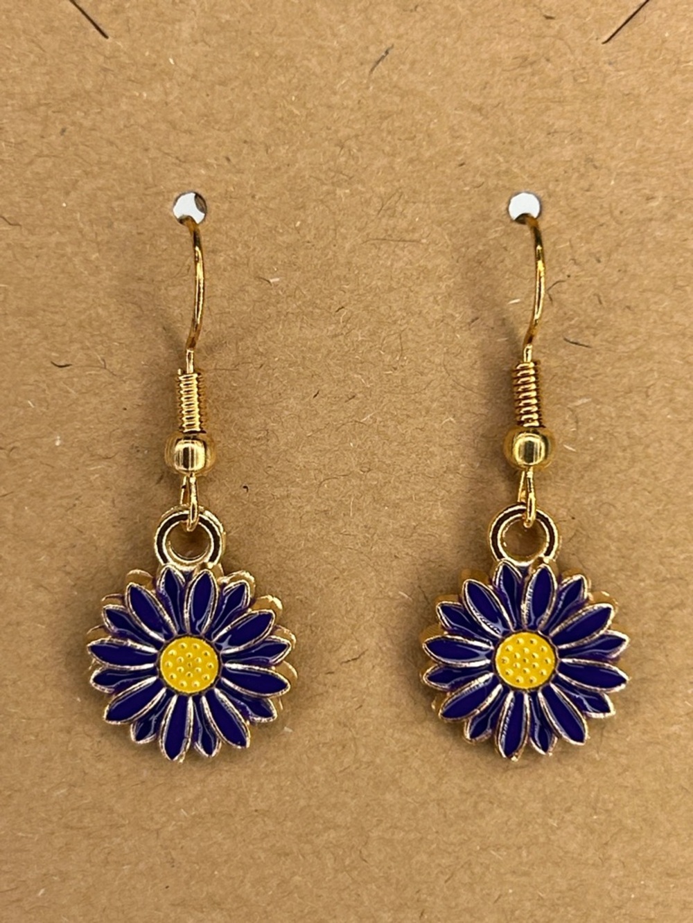 Gold-Plated Purple Daisy Drop Earrings with Yellow Centers Fashion Jewelry